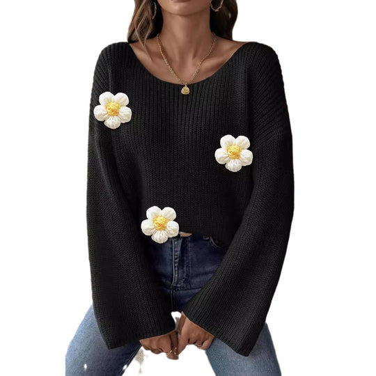 Damen Strickpullover mit verspielten Blumenapplikationen EB