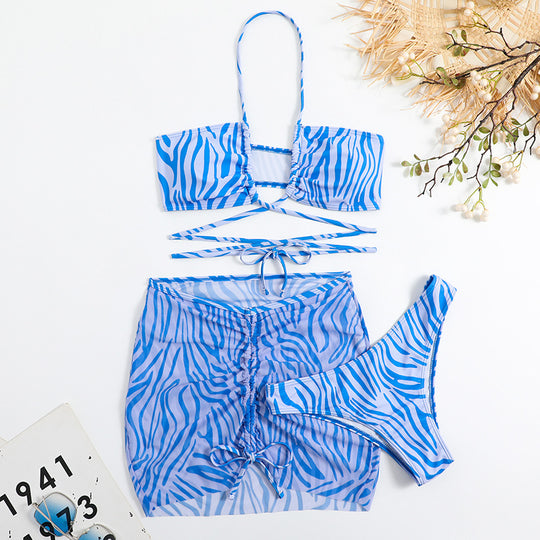 Damen Triangel-Bikini-Set mit transparentem Wickelrock und animalischem Muster EB