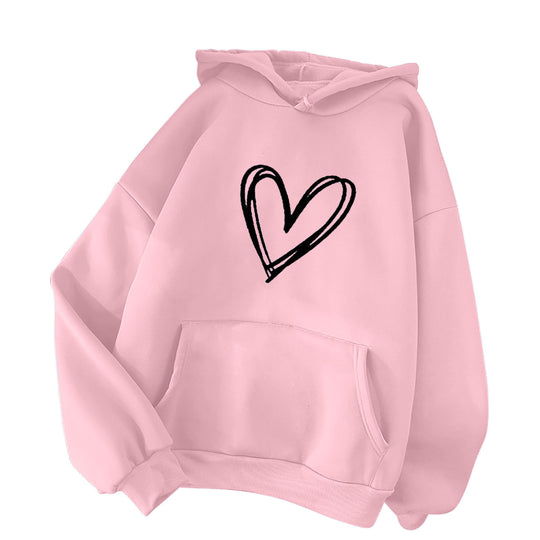 Damen nan oversized Kapuzenpullover mit handgezeichnetem Herzprint, Kängurutasche und weichem Fleece-Innenfutter EB