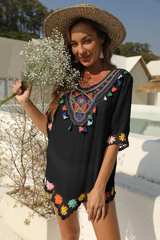 Damen luftiger Kaftan mit buntem Häkelmuster EB