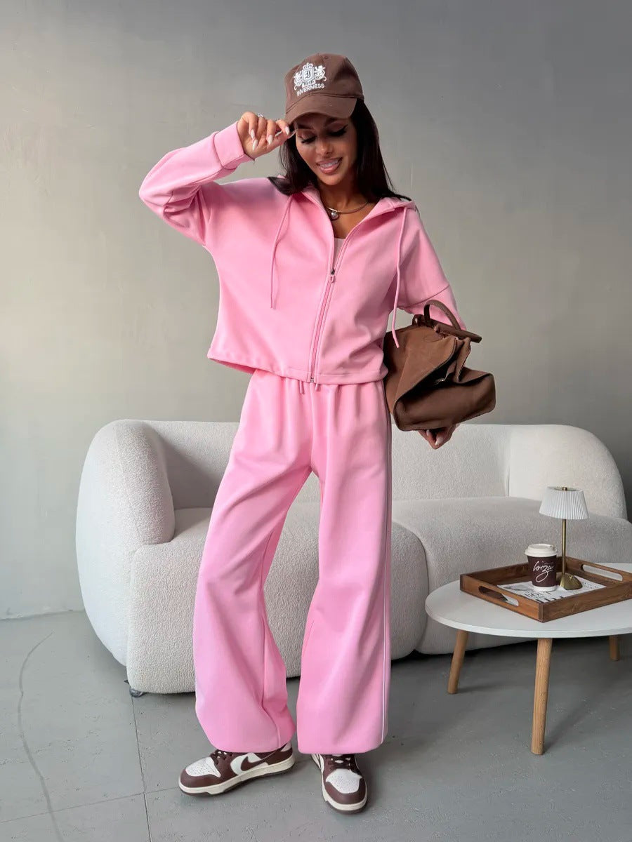 Damen lässiges Lounge-Set aus French-Terry mit Kurzzip-Hoodie und High-Waist Wide-Leg Jogginghose mit Kontrastpaspel Eichborn Berlin