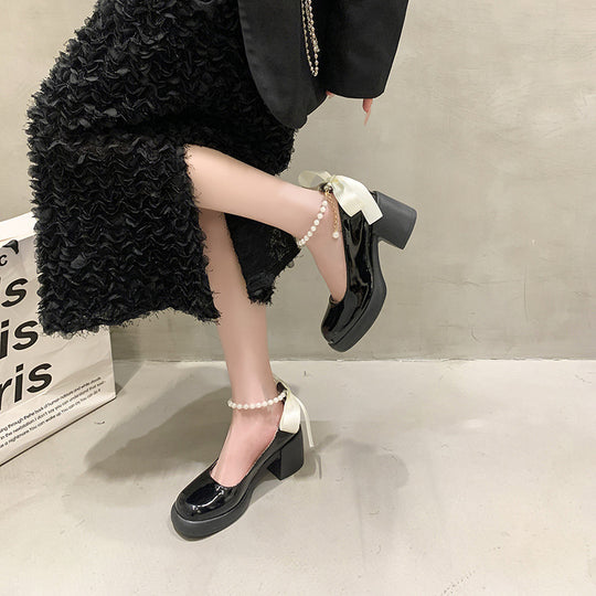 Damen Elegante Plateau-Pumps mit Perlen- und Schleifenverzierung EB