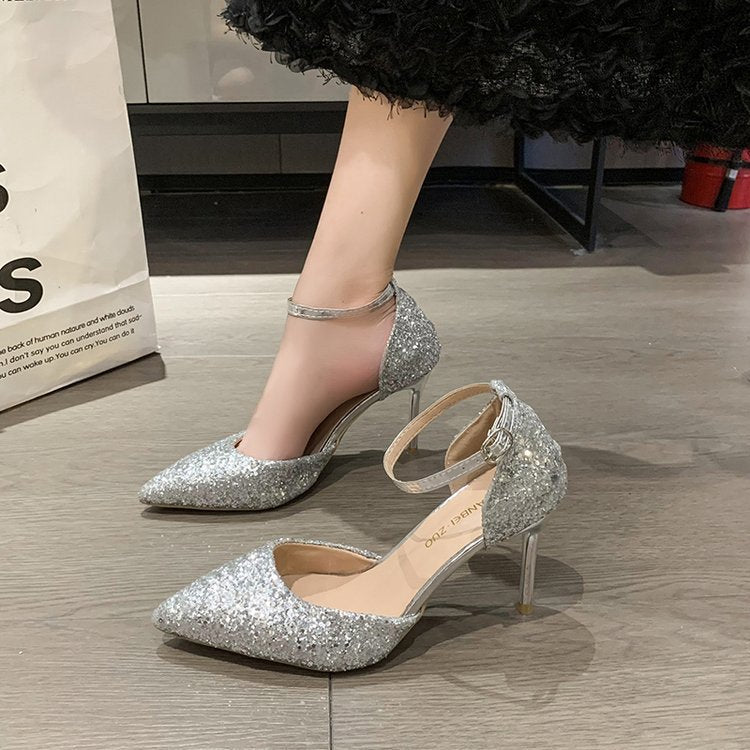 Damen elegante Spitzen High Heels mit transparentem Riemen EB