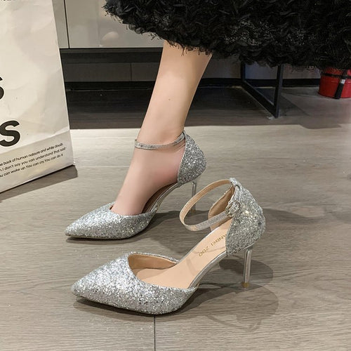 Damen elegante Spitzen High Heels mit transparentem Riemen EB