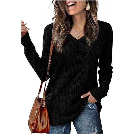 Damen modischer V-Ausschnitt Pullover mit Rippstruktur EB