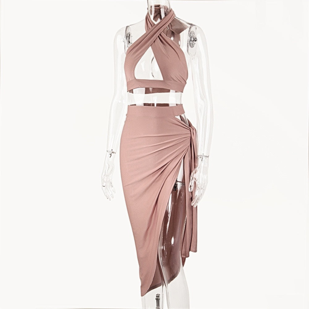 Damen Elegantes Cut-Out Kleid mit Wickeloptik und tiefem Ausschnitt EB