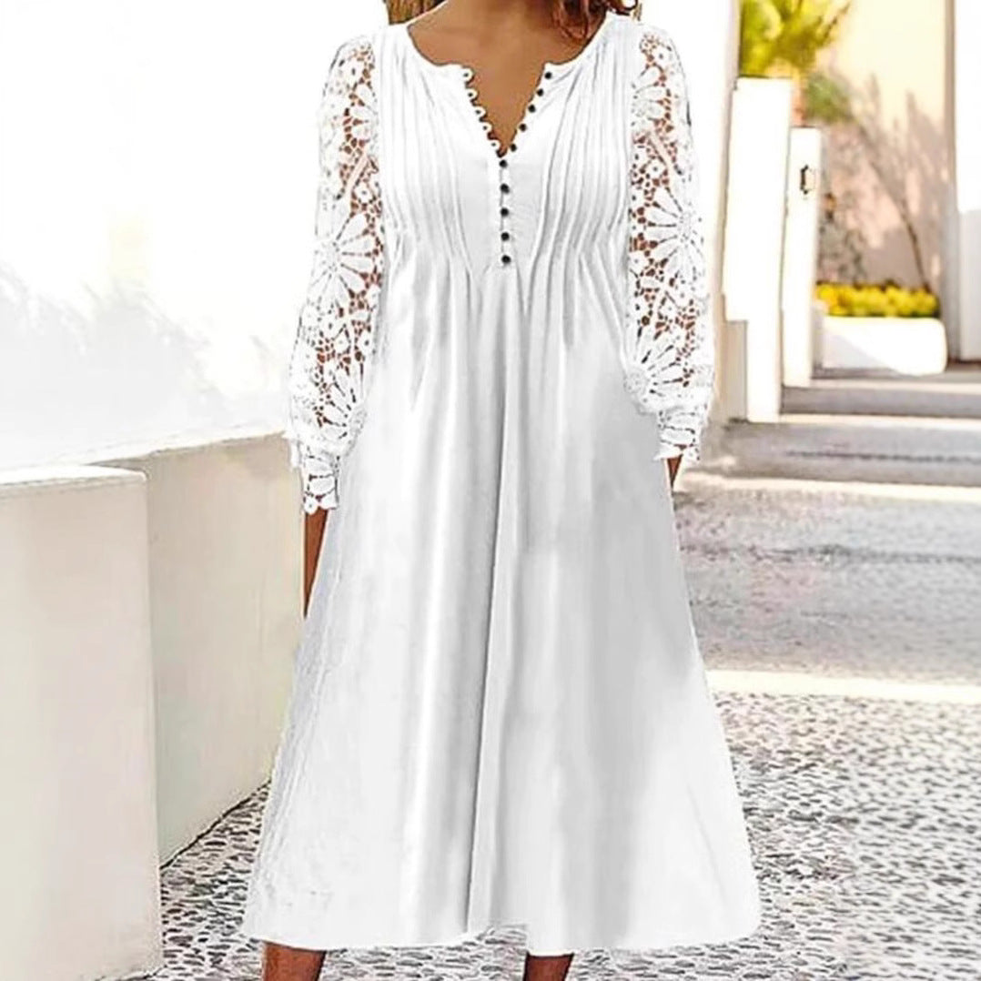 Damen Midikleid mit eleganter Lochspitzenärmel und Knopfleiste Heidi-Mode