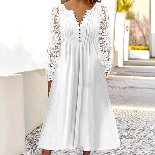 Damen Midikleid mit eleganter Lochspitzenärmel und Knopfleiste Heidi-Mode