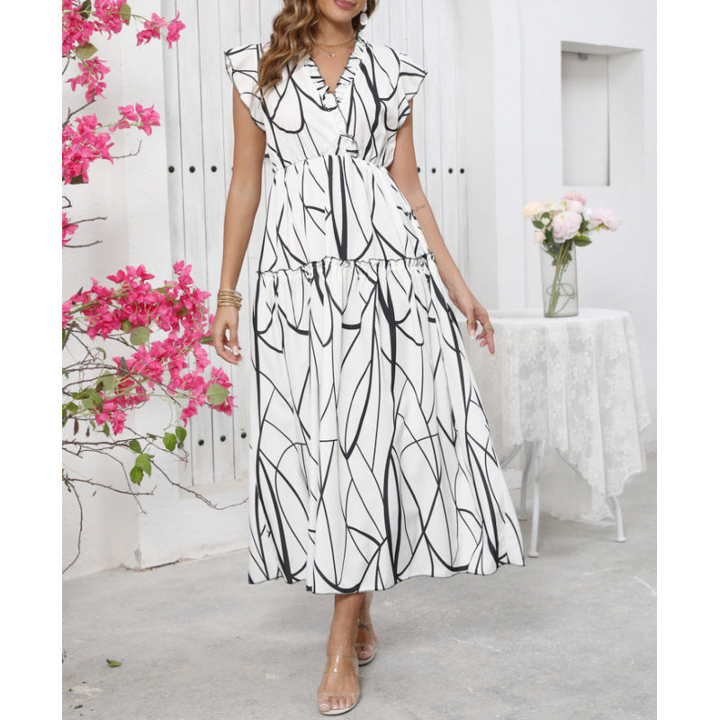 Damen Maxikleid mit grafischem Muster und voluminösen Ärmeln EB