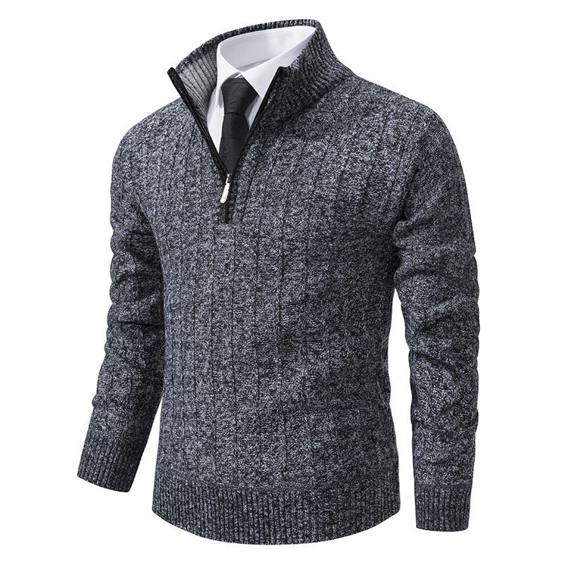 Herren nan Halbzip-Strickpullover mit strukturierter Zopfoptik, wärmendem Stehkragen und schmaler Silhouette EB