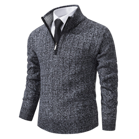 Herren nan Halbzip-Strickpullover mit strukturierter Zopfoptik, wärmendem Stehkragen und schmaler Silhouette EB