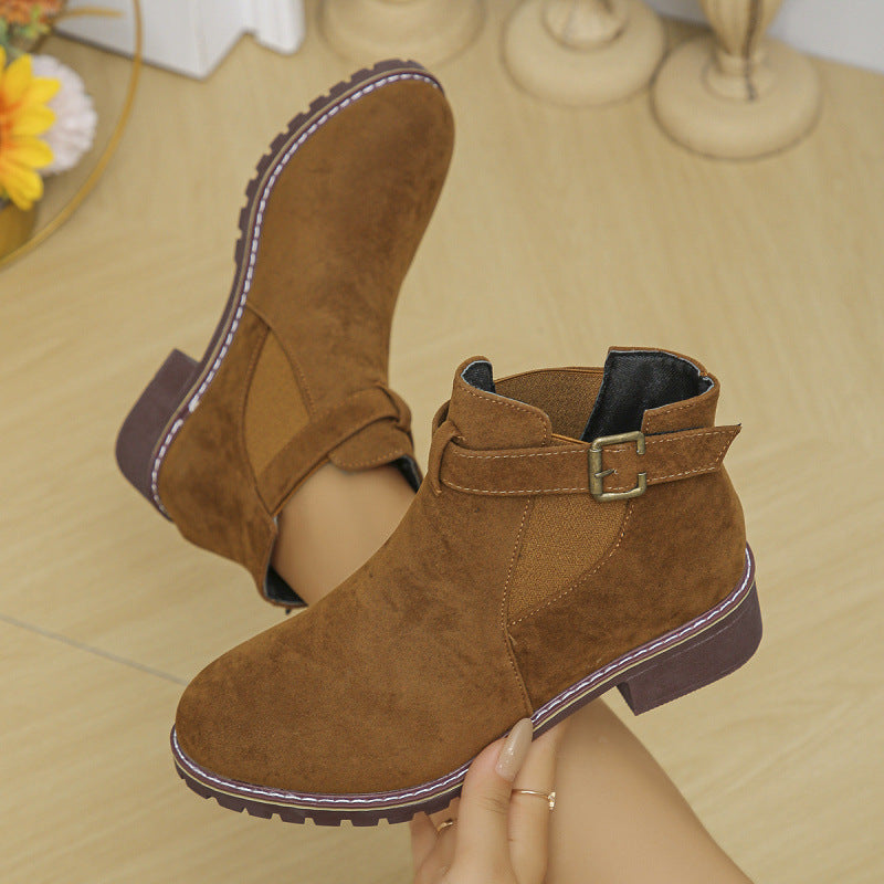 Damen kurze Ankle-Boots im Vintage-Velours-Look mit Schnallenriemen und profilierter Gummisohle EB