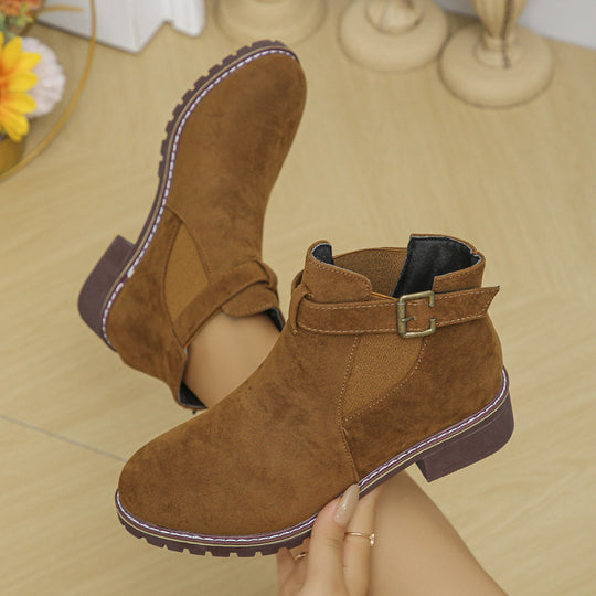 Damen kurze Ankle-Boots im Vintage-Velours-Look mit Schnallenriemen und profilierter Gummisohle EB