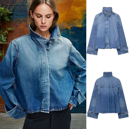 Damen nan cropped Boxy-Denimjacke mit hohem Wickel- bzw. Stehkragen und verdeckter Knopfleiste EB