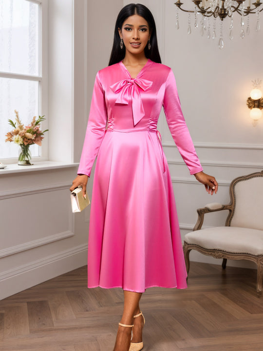 Damen Elegantes Midikleid mit Raffinierter Schleifenbindung EB