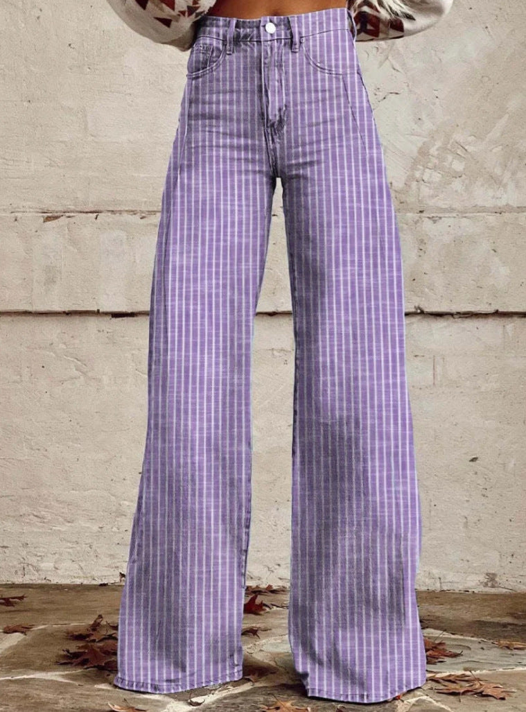 Damen nan weite Hose mit hohem Bund in Leinenoptik und vertikalen Nadelstreifen Schlaghose EB