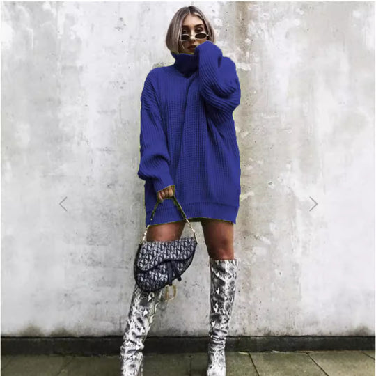 Damen Oversized Strickpullover mit hohem Kragen und Waffelmuster EB