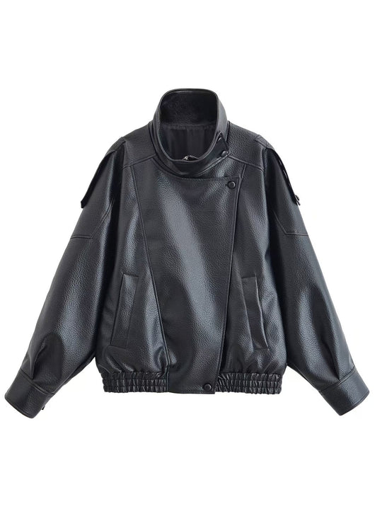 Damen nan Oversize Kunstleder-Bomberjacke mit hohem Stehkragen, Druckknopfblende und smockbündchen EB