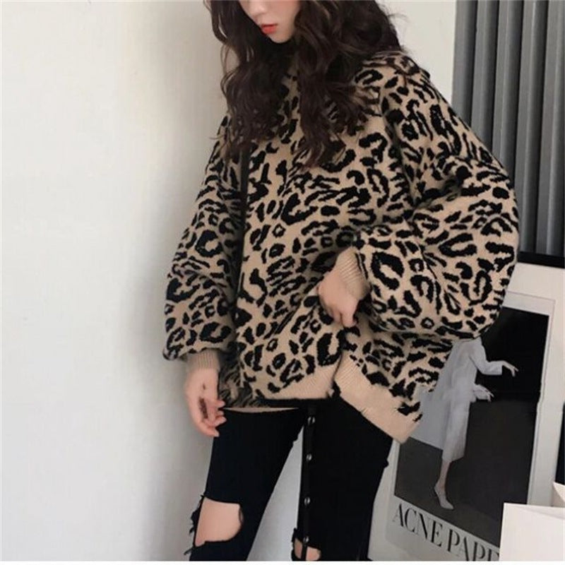 Damen Oversized Strickpullover mit Leopardenmuster und weichem Material EB