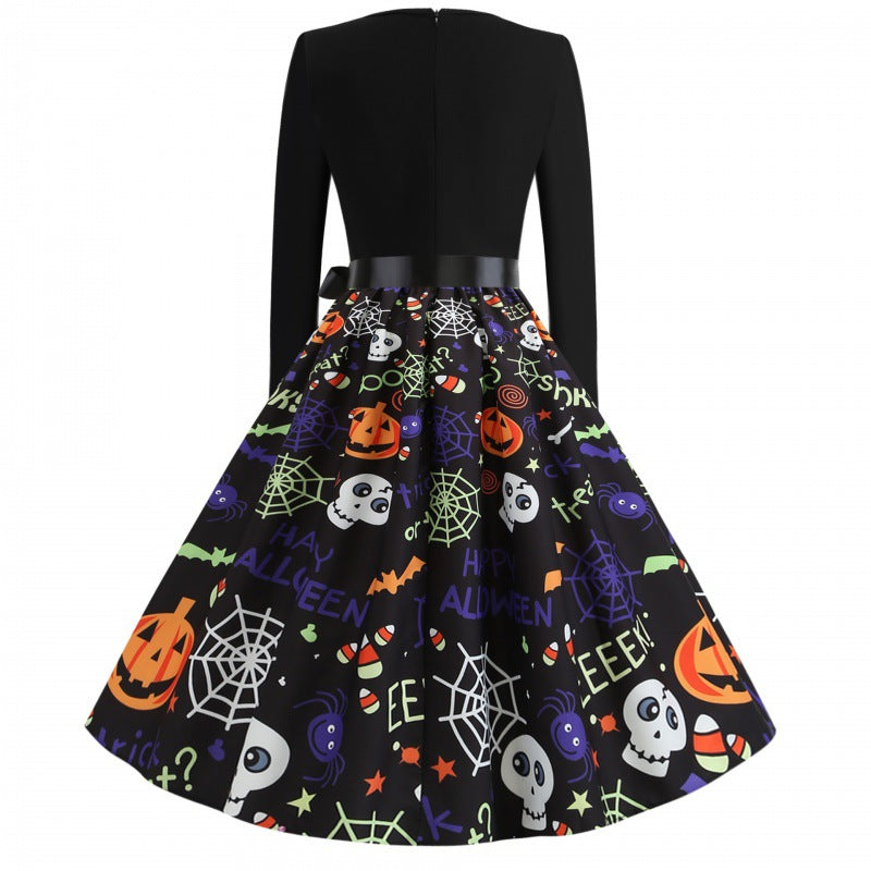 Damen Swingkleid mit Halloween-Print, taillierter Satin-Schärpe und langem Ärmel EB