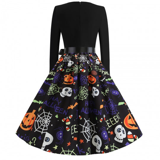 Damen Swingkleid mit Halloween-Print, taillierter Satin-Schärpe und langem Ärmel EB