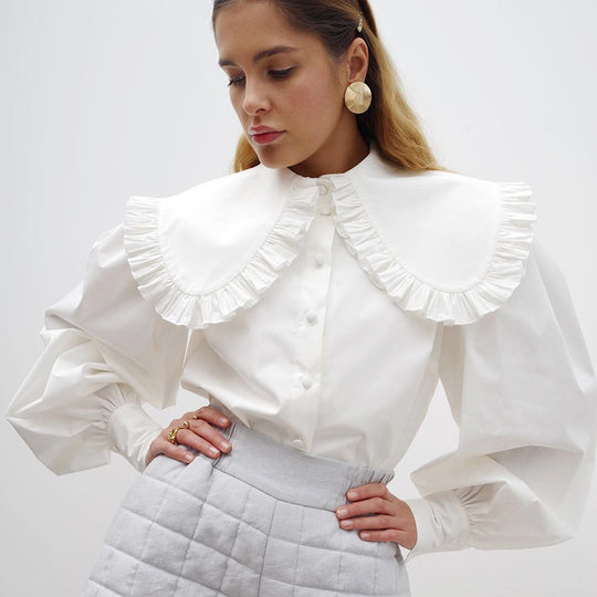 Damen Elegante Bluse mit dekorativem Volantkragen und Puffärmeln EB