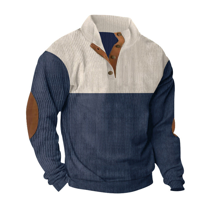 Herren nan lässiger Strickpullover mit Knopfleiste, Stehkragen und Ellenbogenpatches EB