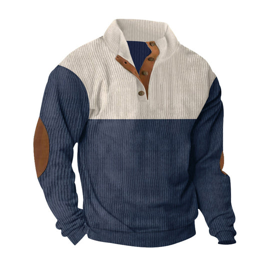 Herren nan lässiger Strickpullover mit Knopfleiste, Stehkragen und Ellenbogenpatches EB
