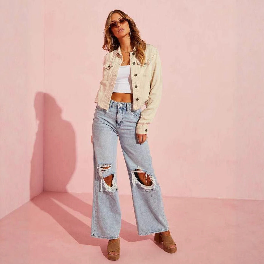 Damen Weit geschnittene Jeans mit modischen Rissen und lässigem Schnitt EB