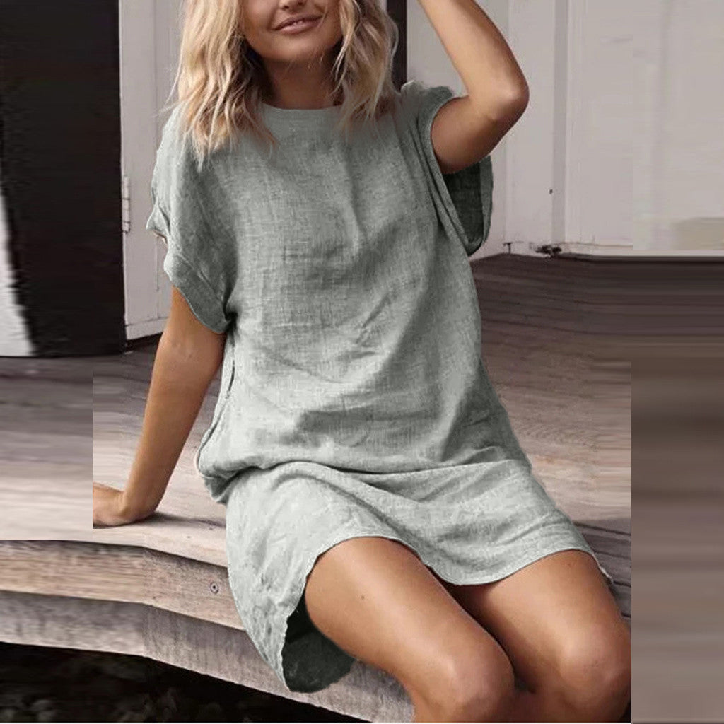 Damen lässiges Kurzarmkleid mit seitlichen Schlitzen und lockerer Passform EB