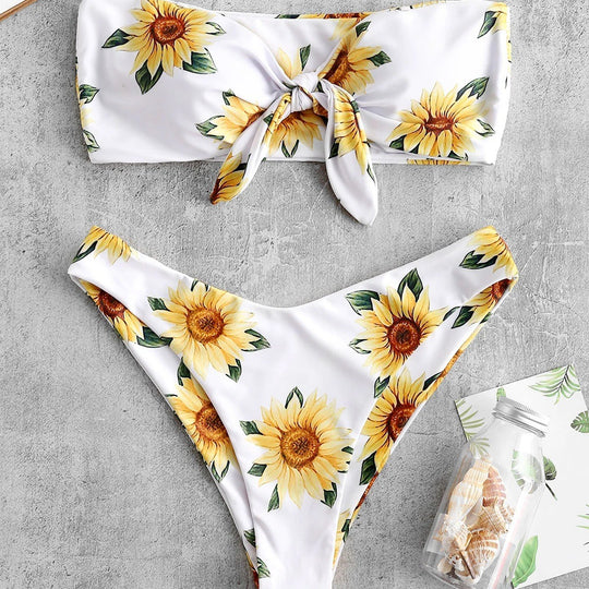 Damen Bandeau-Bikini mit floralem Design und praktischen Knoten EB
