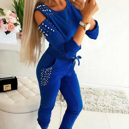 Damen eleganter Freizeitanzug mit schicken Cut-Outs und perlverzierten Ärmeln EB
