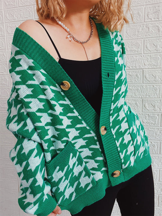 Damen gemütlicher Strickcardigan mit modernen Hahnentrittmuster und Knopfdetails EB