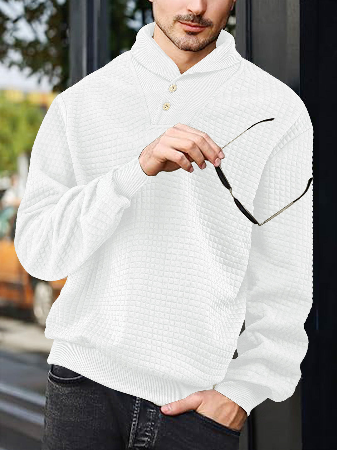 Herren nan eleganter Strickpullover mit Schalkragen, Knopfleiste am Ausschnitt und Karo-Waffelstruktur EB
