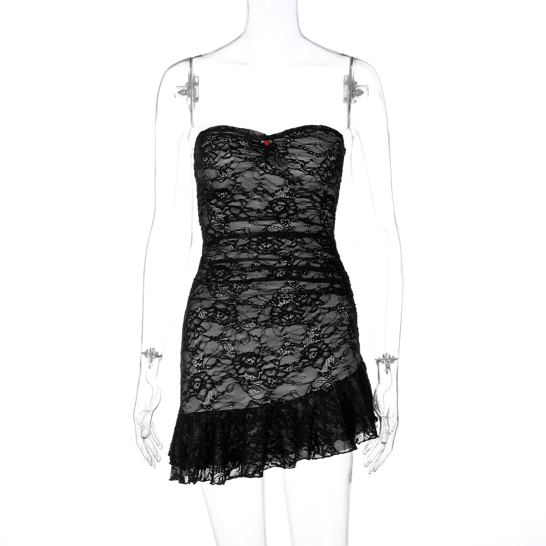 Damen Spitzenkleid mit schulterfreiem Design und eleganter Rüschendetail EB