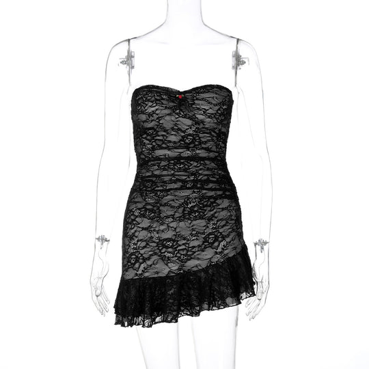 Damen Spitzenkleid mit schulterfreiem Design und eleganter Rüschendetail EB