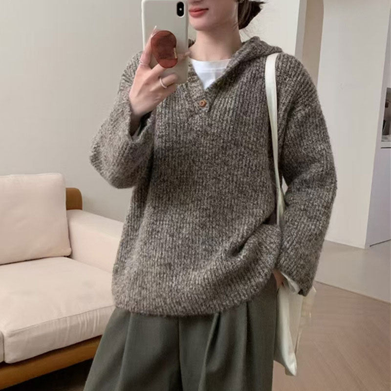 Damen bequemer Strickpullover mit Knopfleiste und Kapuze EB