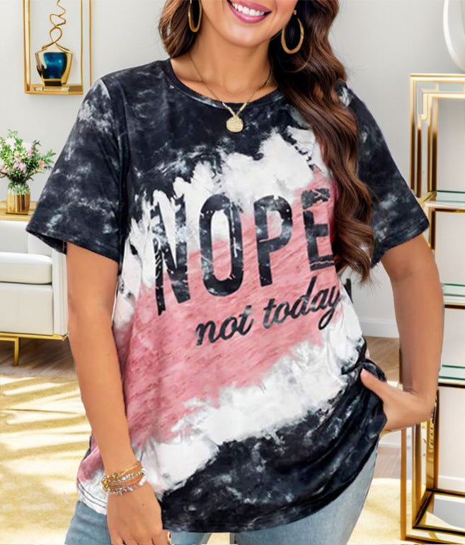 Damen lässiges T-Shirt mit kreativem Batikmuster und auffälligem Schriftzug EB