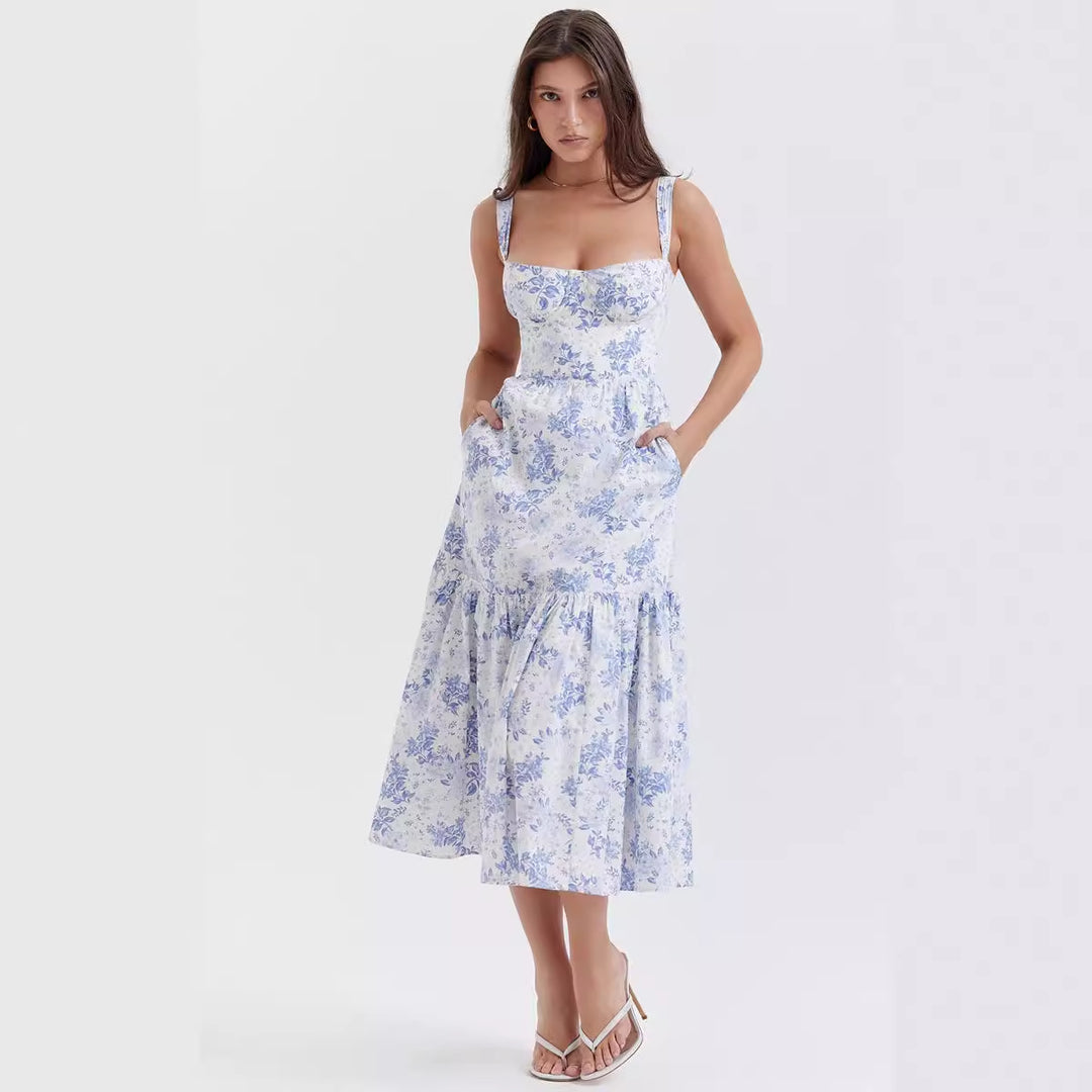 Damen Boho Maxikleid mit romantischem Blumendruck und voluminösem Rock EB
