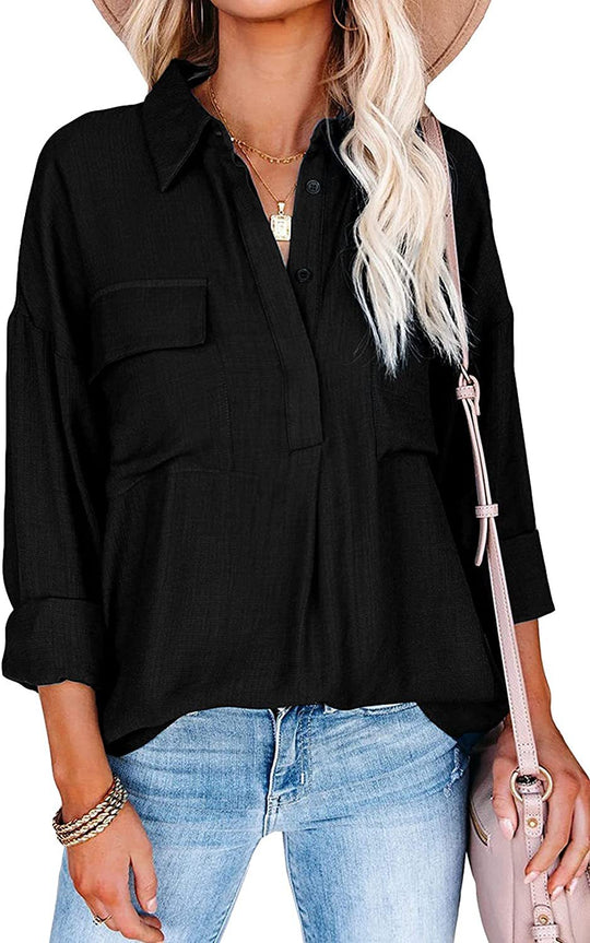 Damen lässige Hemdbluse mit Brusttaschen und hochgekrempelten Ärmeln EB