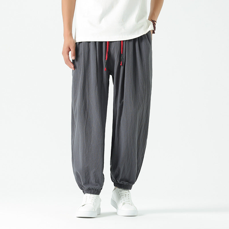 Herren nan locker geschnittene Leinen-Baumwoll Hose mit Kordelzug und elastischen Bündchen EB