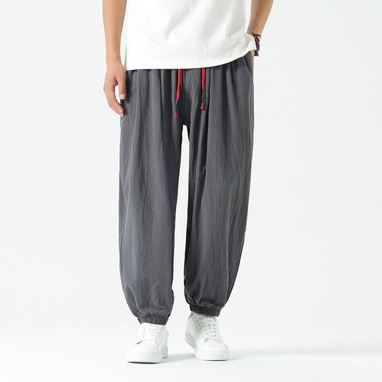 Herren nan locker geschnittene Leinen-Baumwoll Hose mit Kordelzug und elastischen Bündchen EB