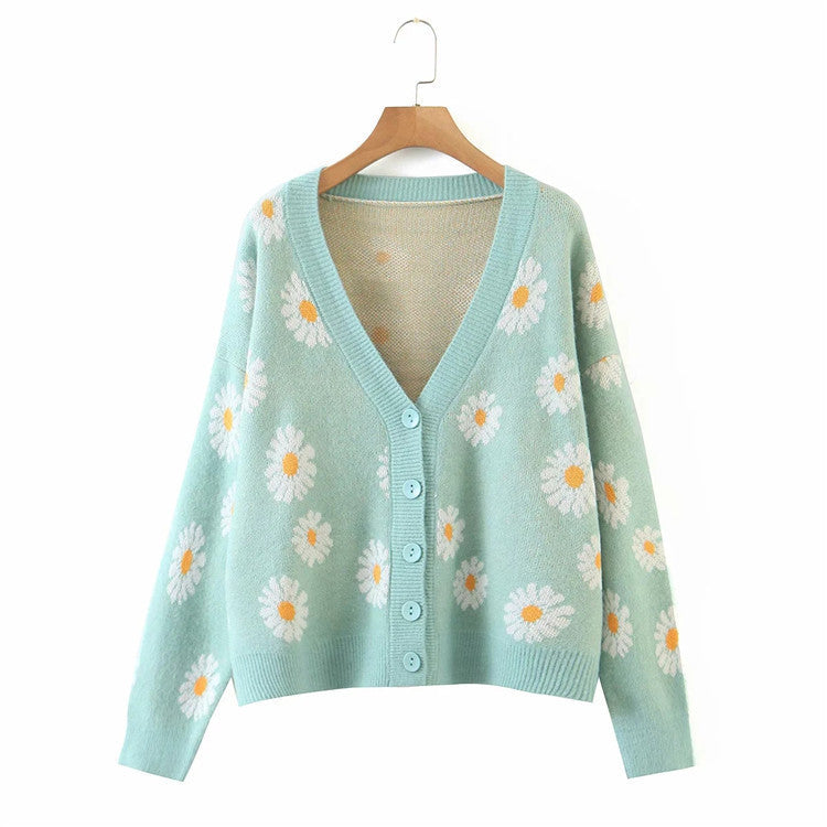 Damen Strickjacke mit Blumenmuster und V-Ausschnitt EB