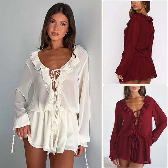 Damen Chiffonbluse mit eleganter Rüschendekoration und tiefem V-Ausschnitt EB