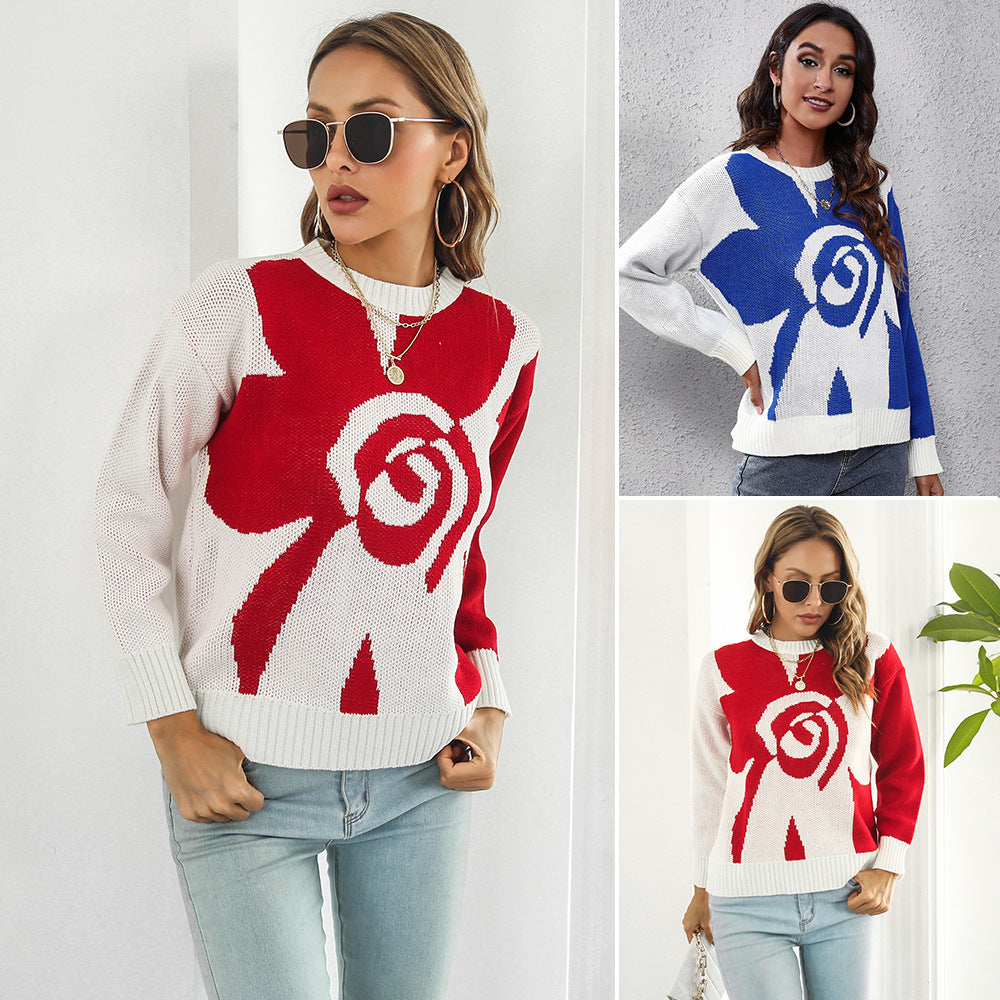 Damen Modischer Strickpullover mit floralem Muster und lässigem Schnitt EB