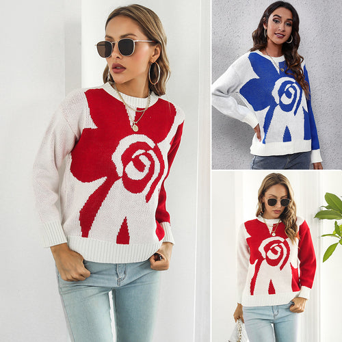 Damen Modischer Strickpullover mit floralem Muster und lässigem Schnitt EB