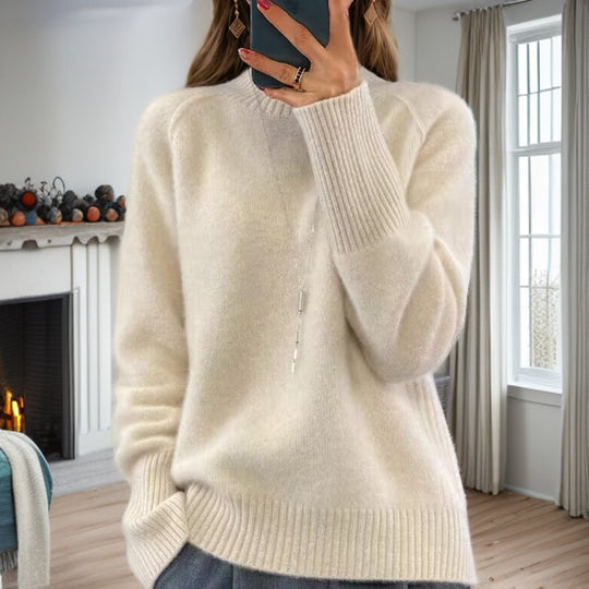 Damen nan kuscheliger Feinstrickpullover mit Rundhalsausschnitt, überschnittener Schulterpartie und gerippten Bündchen EB