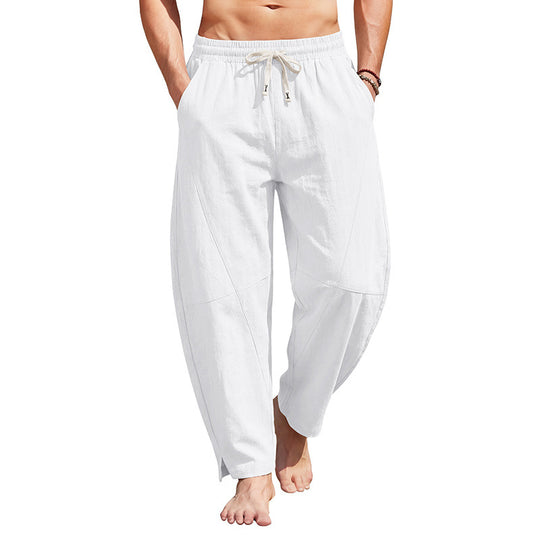 Herren knöchellange Freizeithose aus Leinenmix mit elastischem Kordelbund und seitlichen Schlitzen EB