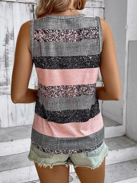 Damen Trendiges Geschlossenes Top mit Knopfleiste und vielseitigem Streifendesign EB