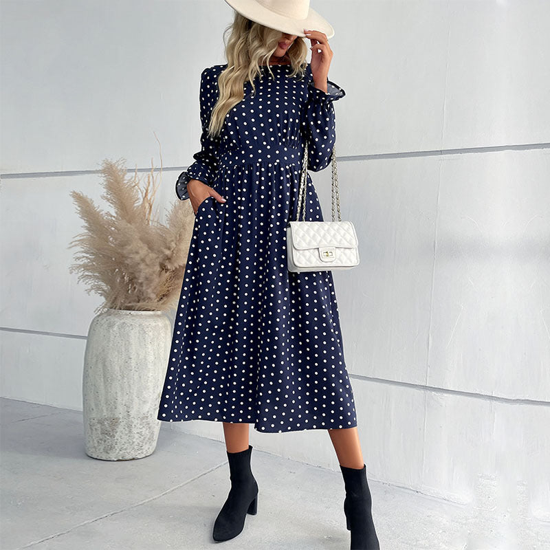Damen Midi-Kleid mit eleganten Puffärmeln und punktiertem Design EB